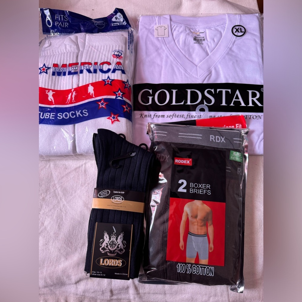 V neck t shirt, 6 pair tube socks, 3 pairs black dress socks,rdx boxer briefs 2.